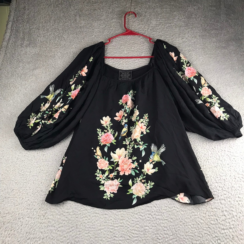 Johnny Was Jade Byrdie Viscose Blouse Womens XL Black Floral Bird Balloon Sleeve
